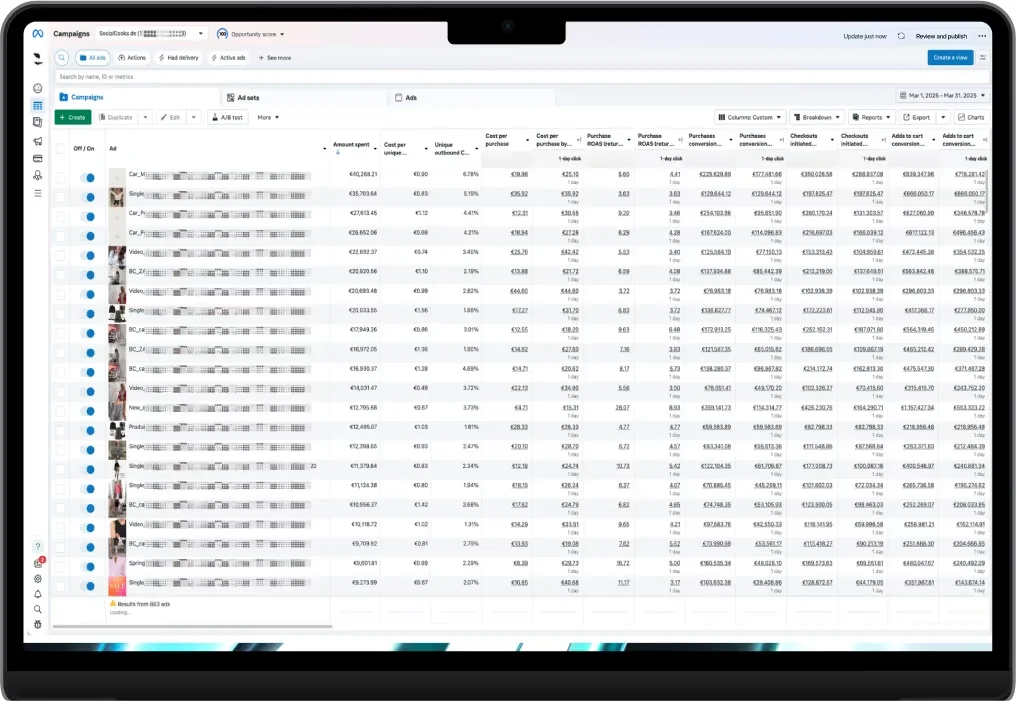 Laptop mit echtem Blick in den Meta-Werbeanzeigenmanager eines betreuten Kontos: Kampagnenliste mit Spend-, ROAS- und Conversion-Spalten (Namen anonymisiert)