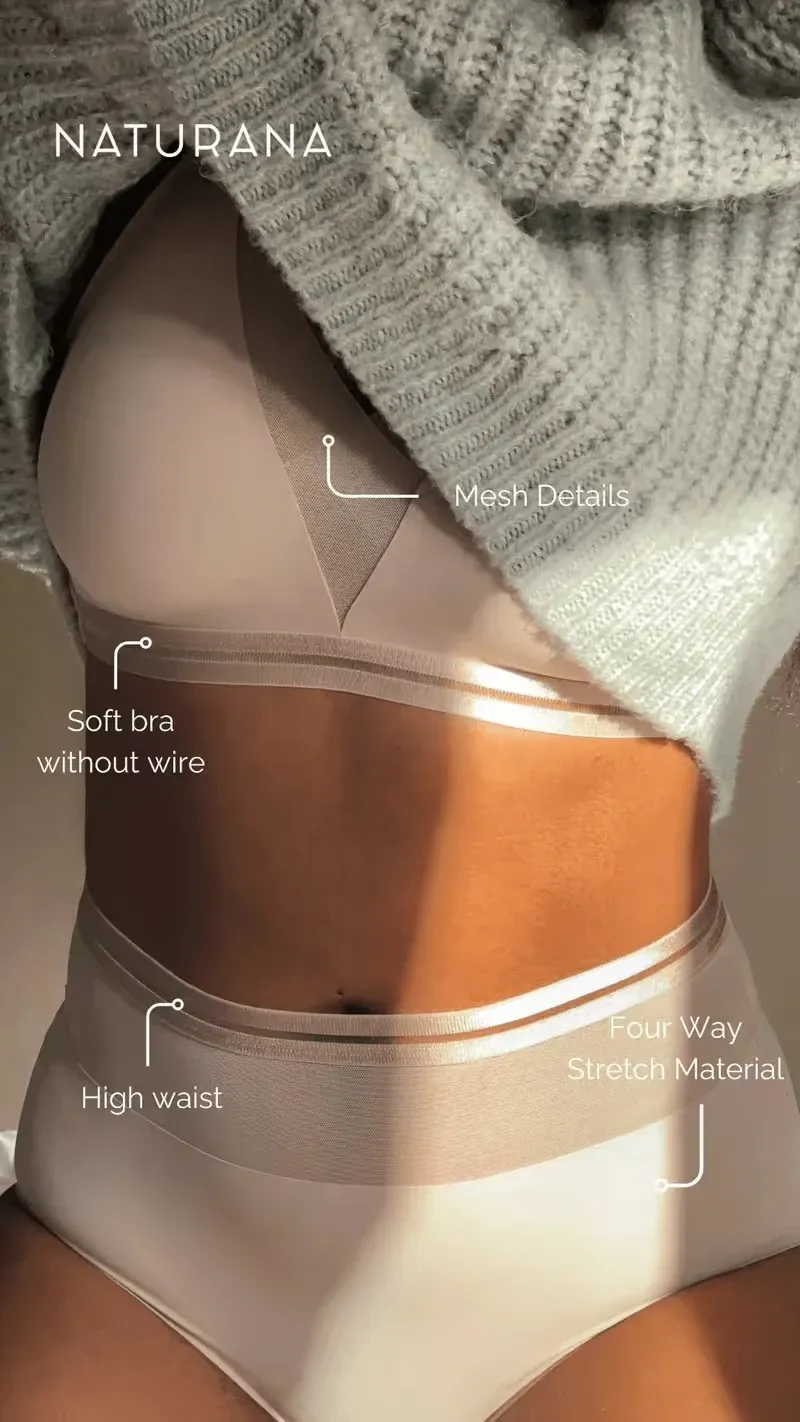 NATURANA Ad-Creative mit Produkt-Callouts: Soft-BH ohne Bügel, Mesh-Details, High Waist
